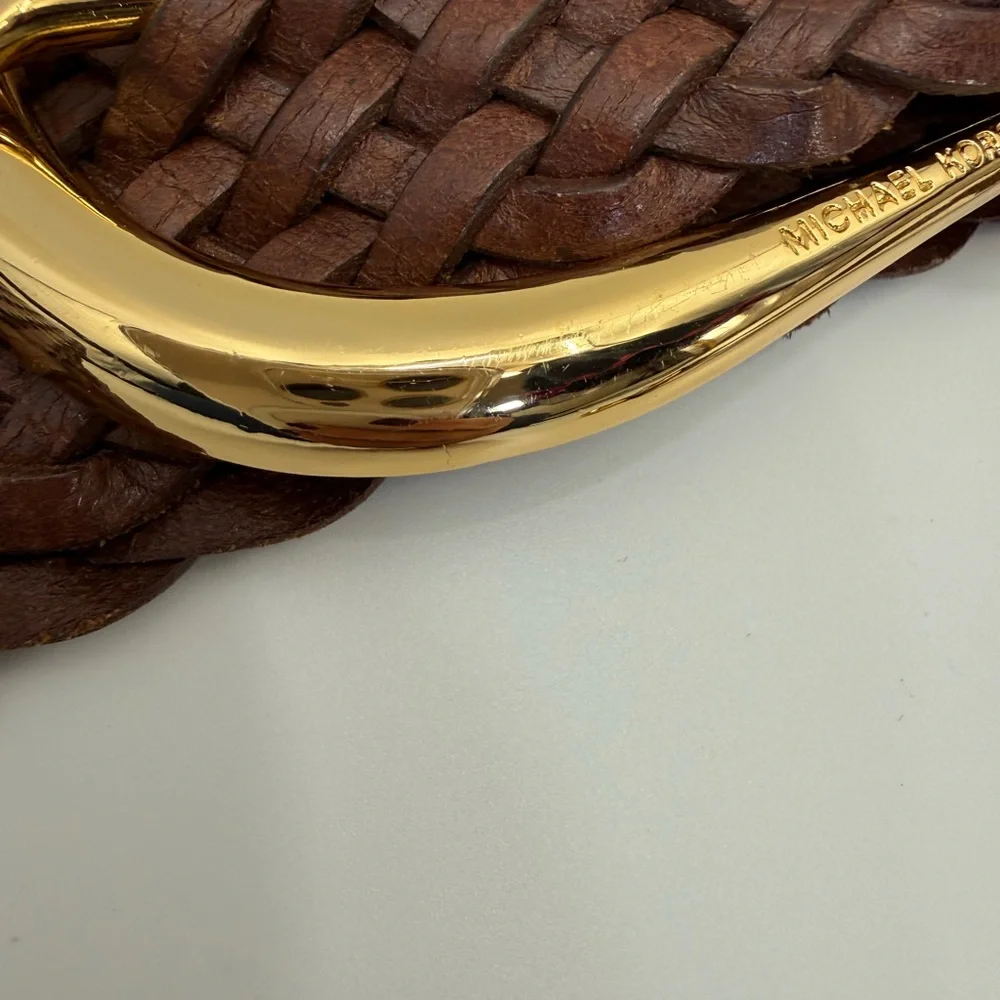 Michael Kors Brown Braided Leather Belt Gold Buckle Tassel Charm Boho Chic SZ M